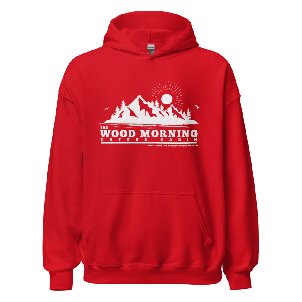 Wood Morning Coffee Cabin OG Hiker Hoodie in red, showcasing the double-lined hood, matching drawcord, and spacious front pouch pocket, perfect for outdoor adventures or cozy lounging.