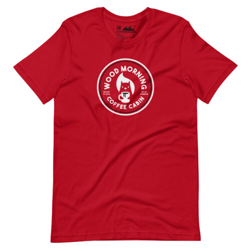 Wood Morning SQUIRREL Coffee Cabin - Mount Moist Plinth White and Black on Red T-shirt