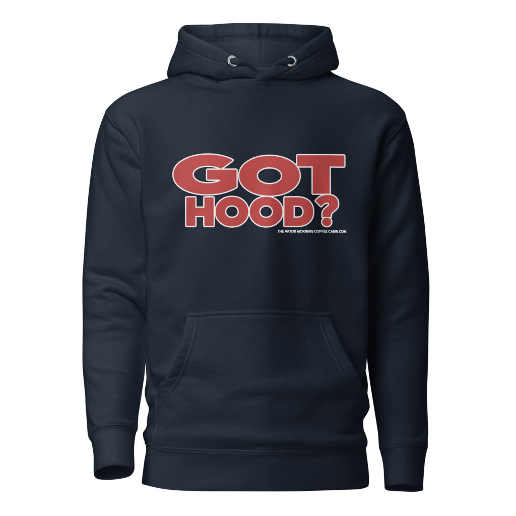 Got Hood? Wood Morning Coffee Cabin Heritage Hoodie Pullover - Red on Navy