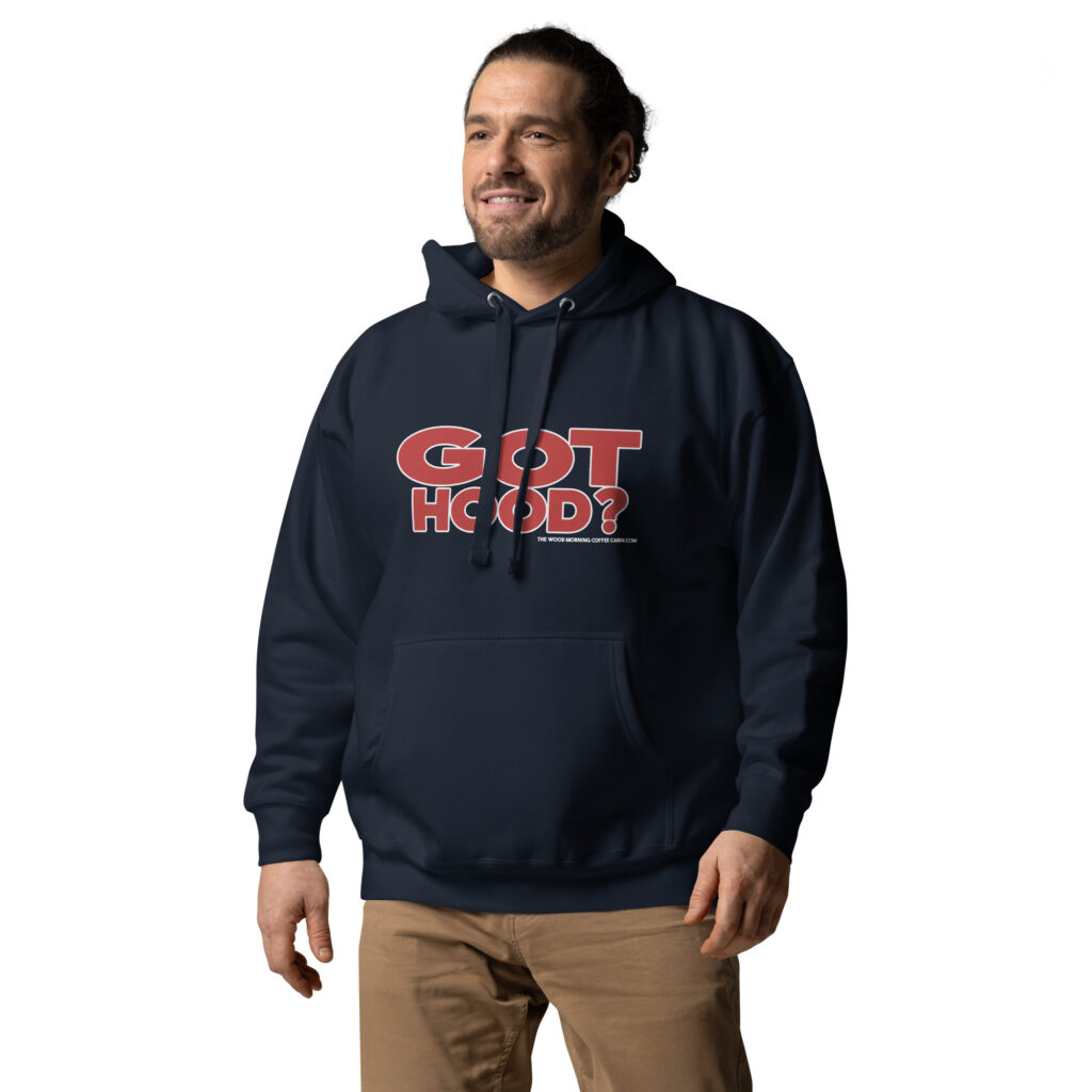 Got Hood? Wood Morning Coffee Cabin Heritage Hoodie Pullover - Red on Navy