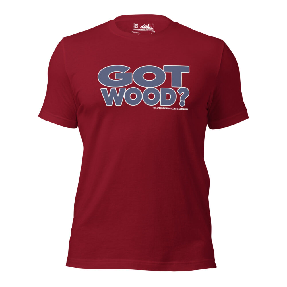 Got Hood? Wood Morning Coffee Cabin Hiker T-Shirt - Navy on Red