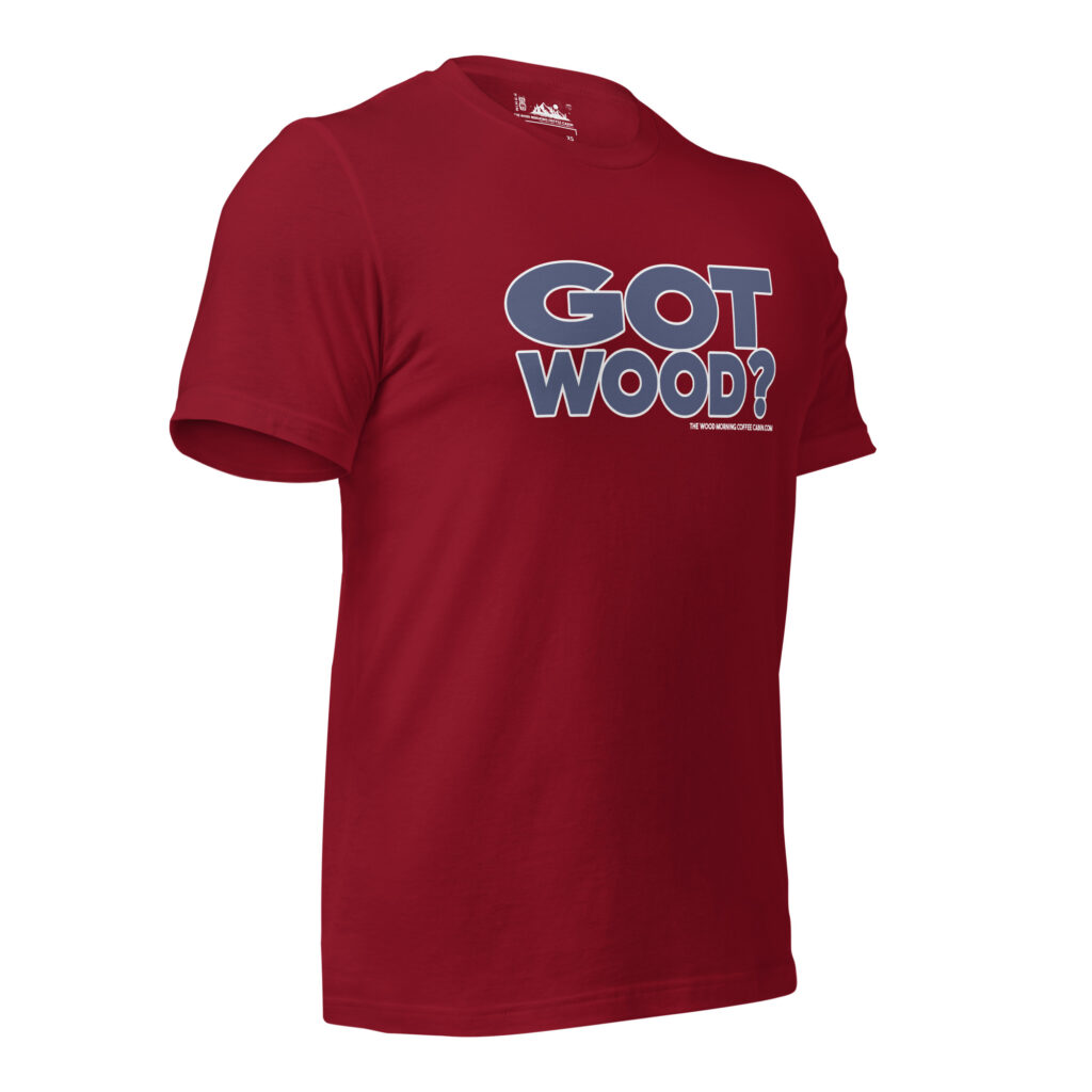 Got Hood? Wood Morning Coffee Cabin Hiker T-Shirt - Navy on Red