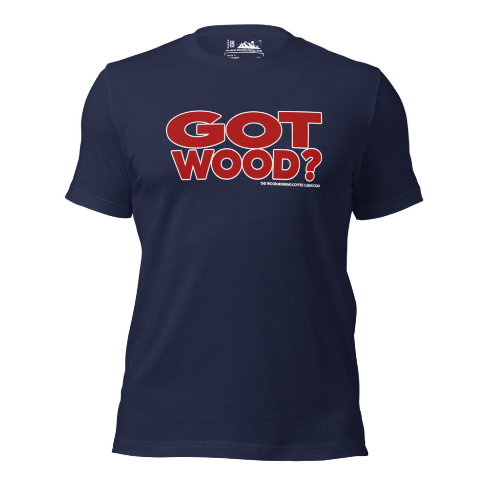 Got Hood? Wood Morning Coffee Cabin Hiker T-Shirt - Red on Navy